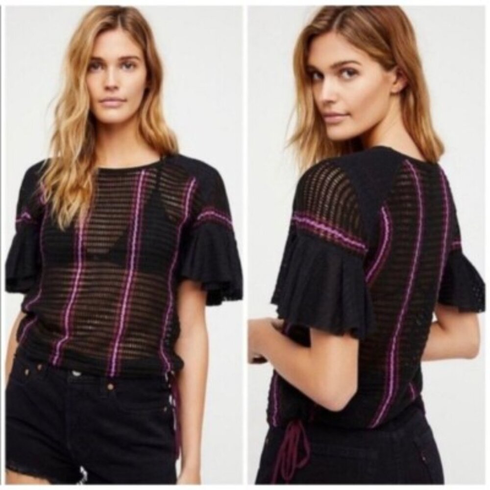 Free People Babes Only Open Knit Crochet Black and Purple Sweater Top. XS. NWT!